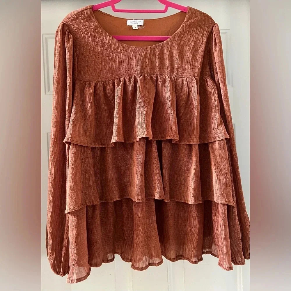 Chic Soul Rust Tiered Ruffle Long Sleeve Blouse